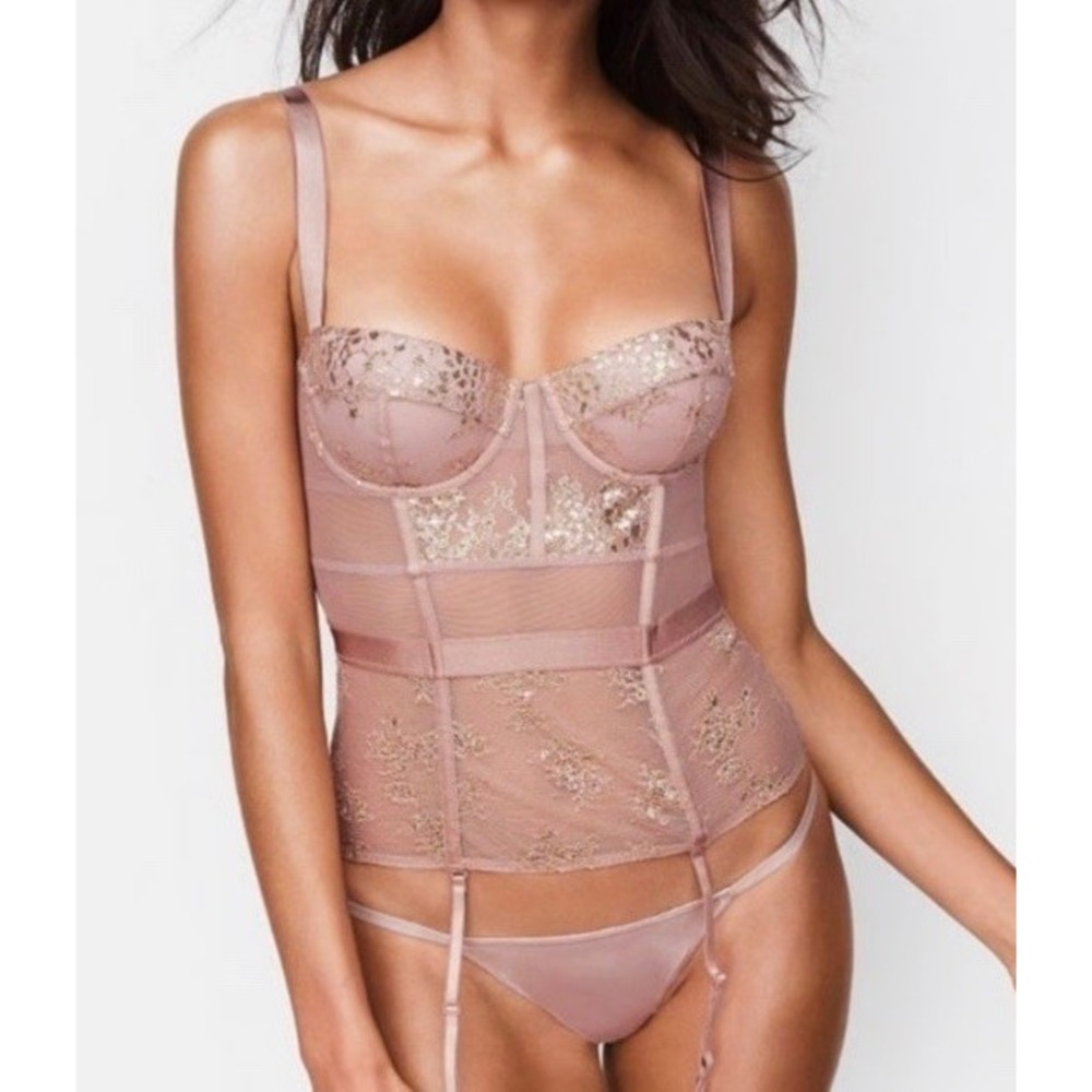 Victoria's Secret Corset Bustier Lingerie Beige pink Gold Metallic lace 36C NWT